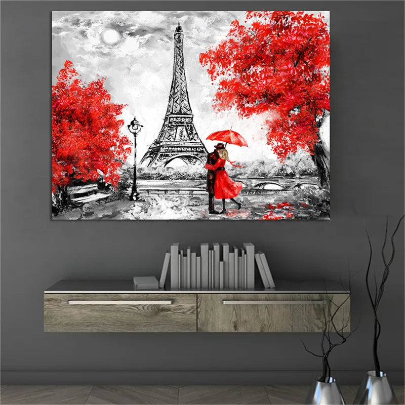 Romantic Pink and Red Tree With Lovers Landscape Canvas Wall Art