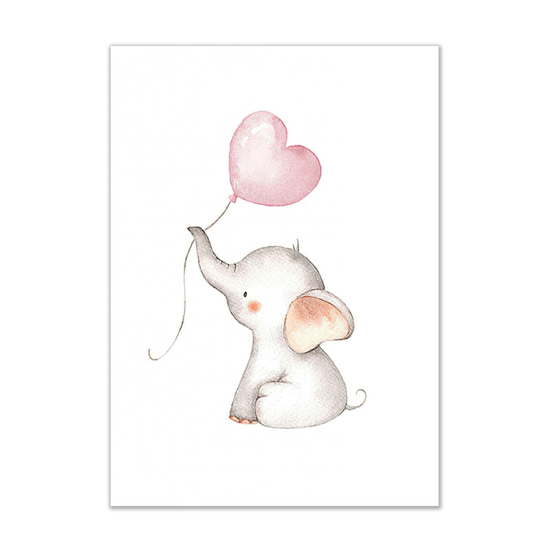 Cute Baby Elephant with Heart Balloon Wall Art for Baby Room