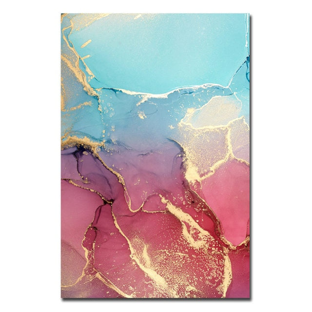 Abstract Pink Blue Gold Marble Pattern Wall Art