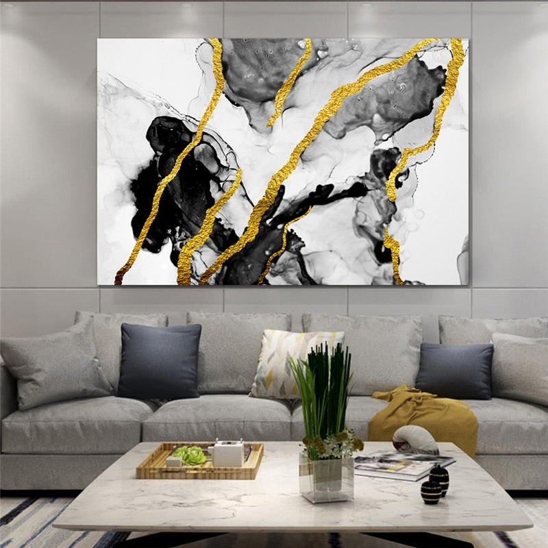 Gold Black on White Marble Abstract Art Canvas Prints
