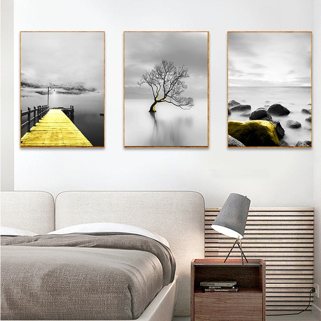 Golden and Grey Black and White Landscape Canvas Wall Art