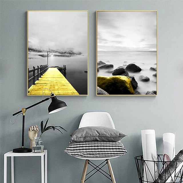 Golden and Grey Black and White Landscape Canvas Wall Art