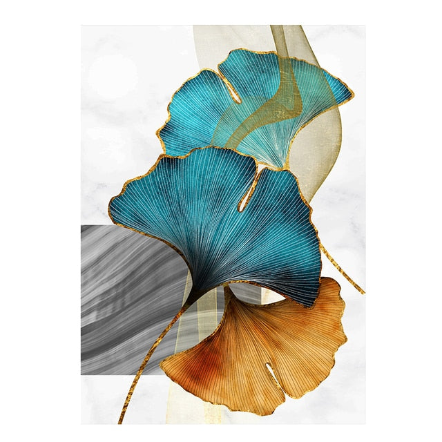 Blue Green Yellow Gold Leaves Abstract Nordic Wall Art