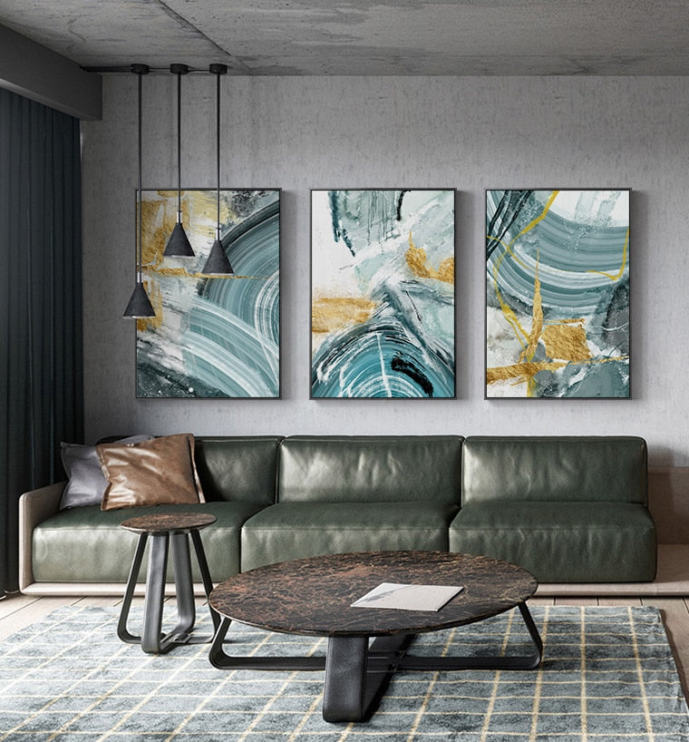 Modern Abstract Gold foil Lines Blue Canvas Art Print