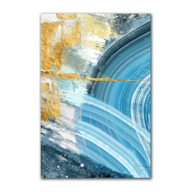 Modern Abstract Gold foil Lines Blue Canvas Art Print