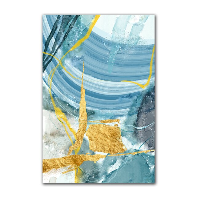 Modern Abstract Gold foil Lines Blue Canvas Art Print