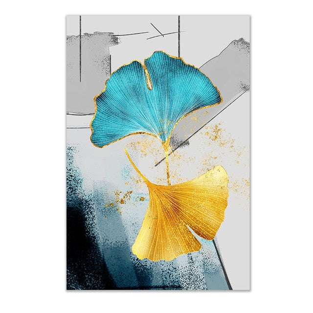 Blue Yellow Plant Leaves Abstract Wall Art