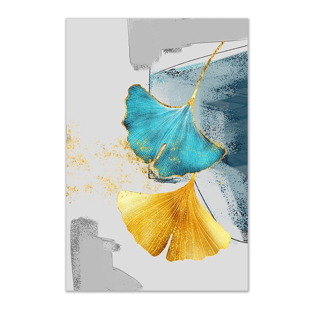 Blue Yellow Plant Leaves Abstract Wall Art