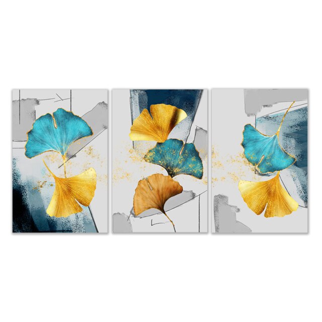Blue Yellow Plant Leaves Abstract Wall Art
