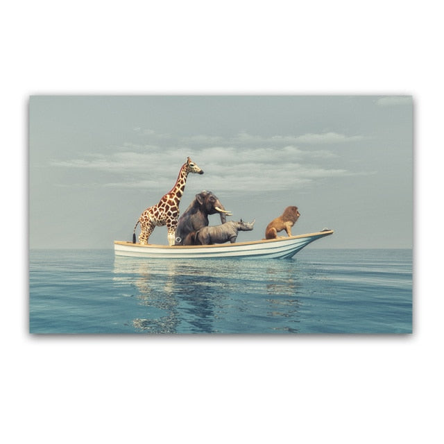 Elephant Lion Zebra Rhino on Boat