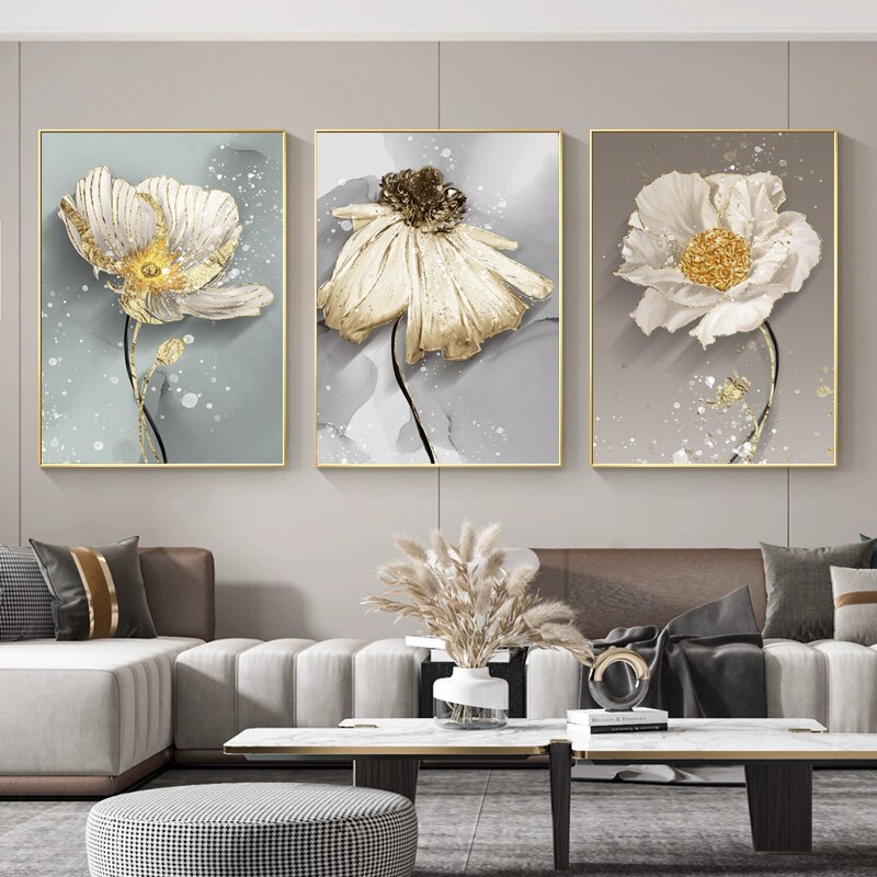 Nordic Style White Golden Flowers Painting on Canvas Wall Art