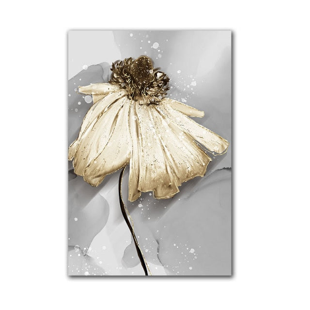 Nordic Style White Golden Flowers Painting on Canvas Wall Art