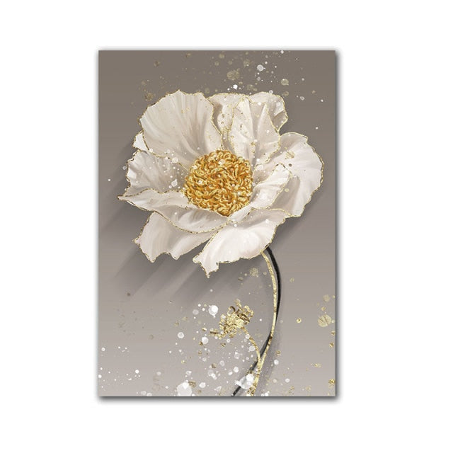 Nordic Style White Golden Flowers Painting on Canvas Wall Art