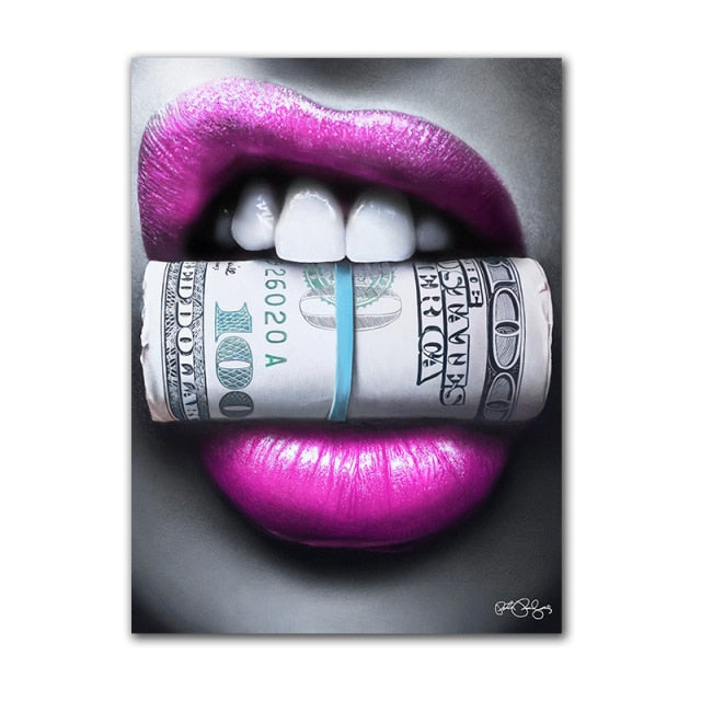 Purple Lip with Money Poster Wall Art