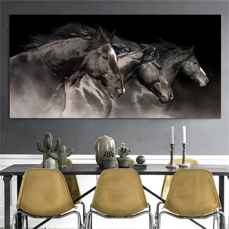 Three Running Black Horses Canvas Wall Print