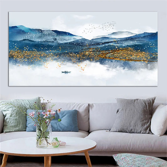 Blue and Golden Mountain Landscape Wall Art