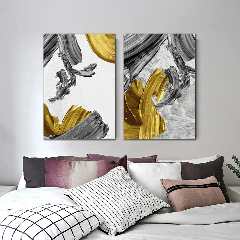 Modern Abstract Golden and Black Paint Strokes Print for Wall