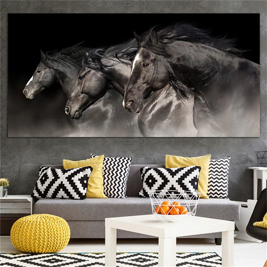 Three Running Black Horses Canvas Wall Print