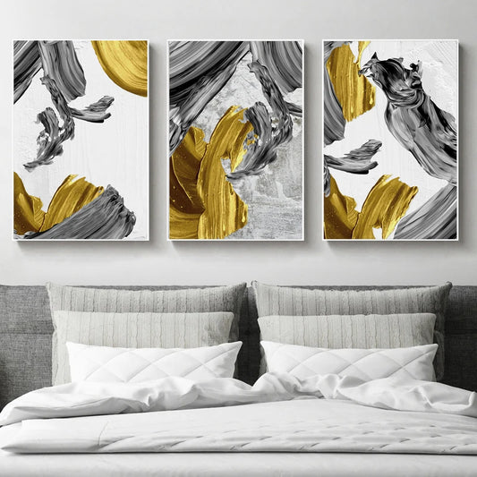 Modern Abstract Golden and Black Paint Strokes Print for Wall