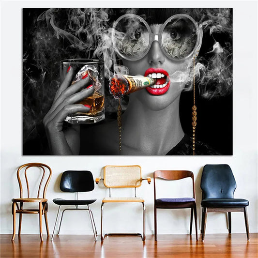 Modern Black Smoking Girl Canvas Posters Print