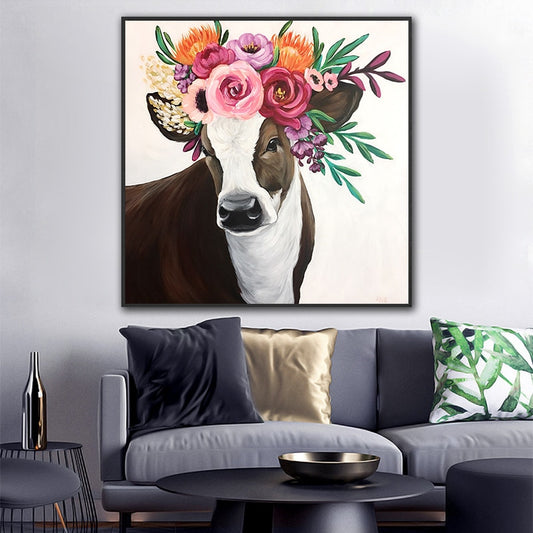Flower on Cow Head Canvas Wall Art