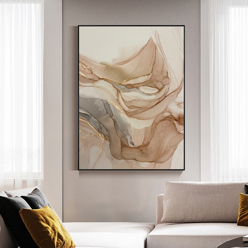 Marble Pattern Beige and Gold Wall Art Canvas Print
