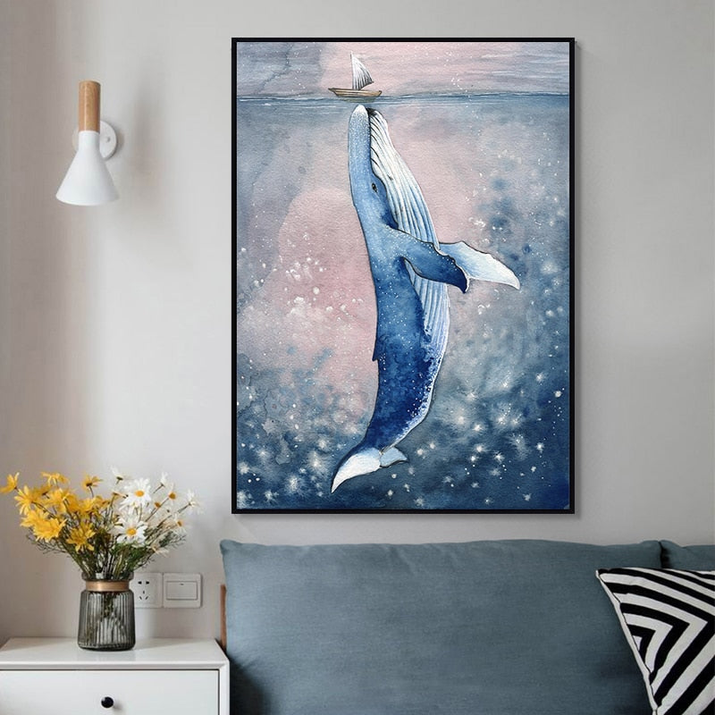 HenArts Big Humpback Whale with Small Boat Canvas Wall Poster