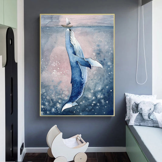HenArts Big Humpback Whale with Small Boat Canvas Wall Poster