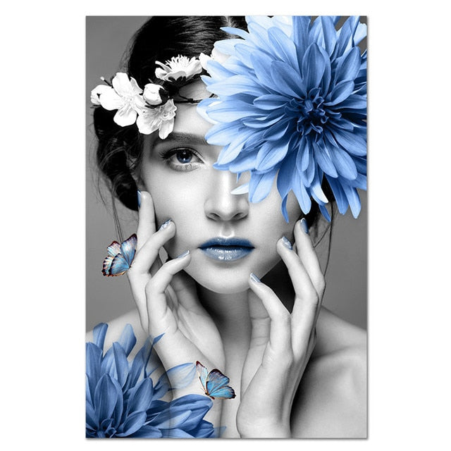 Scandinavian Style Blue Beautiful Flower Girl Wall Art
