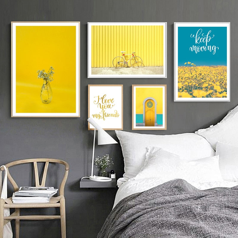 Nordic Style Yellow and Blue Flower Building Wall Art