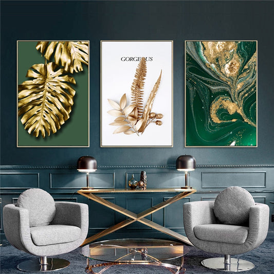 Green and Golden Abstract Leaf Wall Art