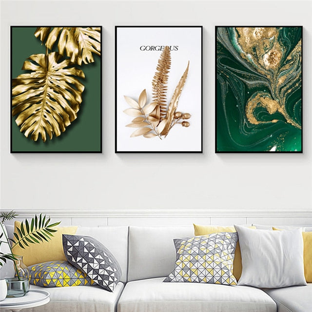 Green and Golden Abstract Leaf Wall Art