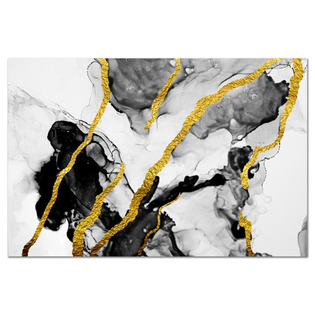 Gold Black on White Marble Abstract Art Canvas Prints