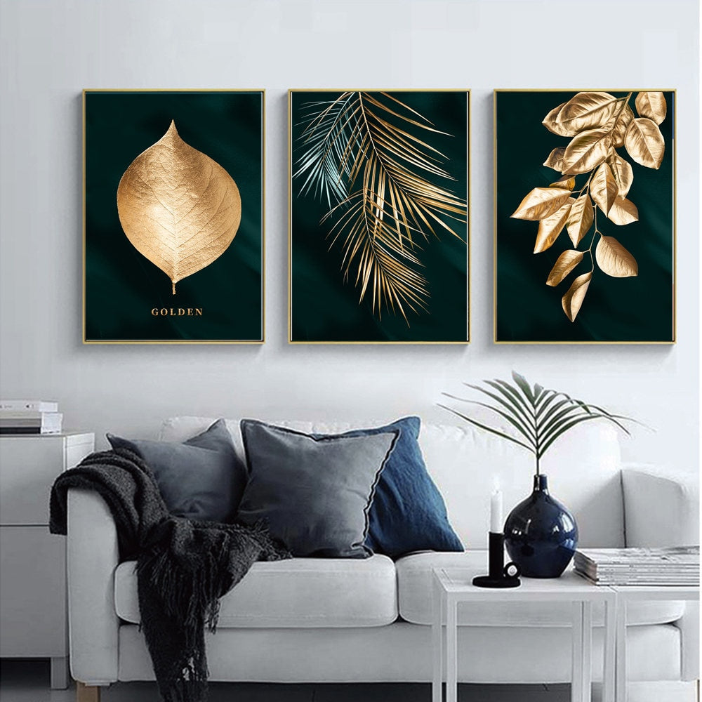 Gold and Green Leaves Nordic Wall Art