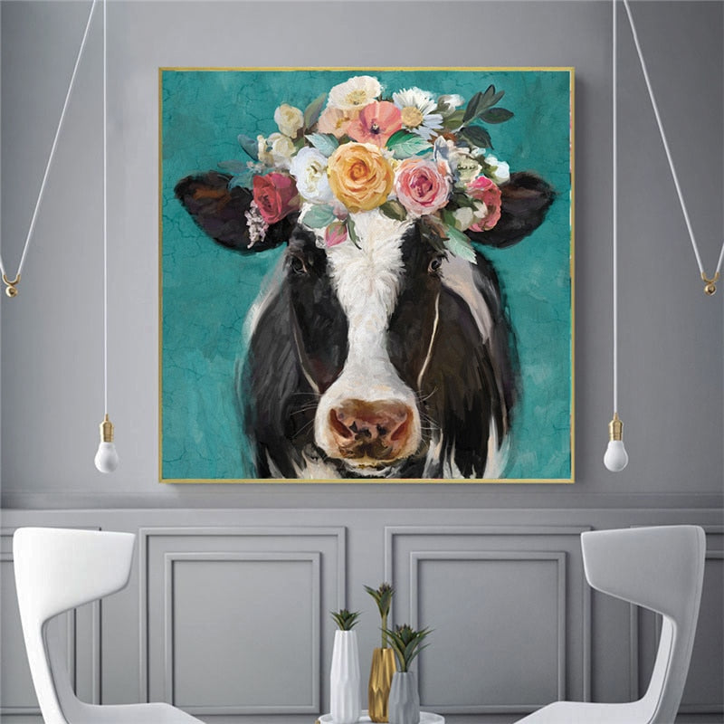 Cow with Flower Head Canvas Wall Art