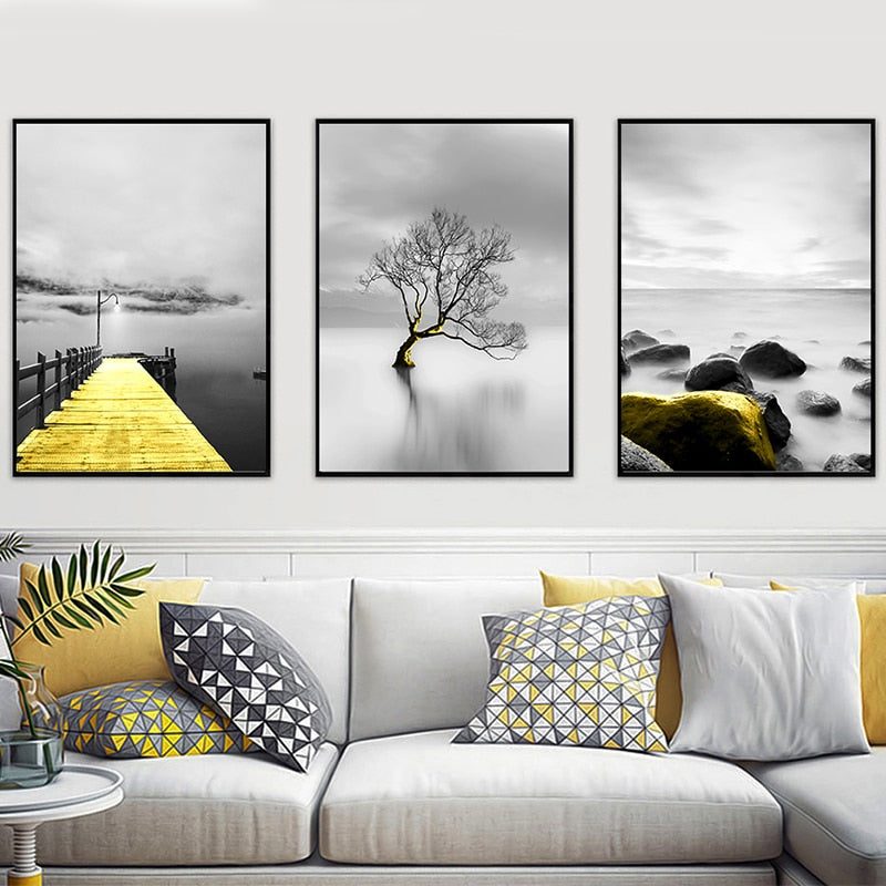 Golden and Grey Black and White Landscape Canvas Wall Art