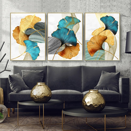 Blue Green Yellow Gold Leaves Abstract Nordic Wall Art