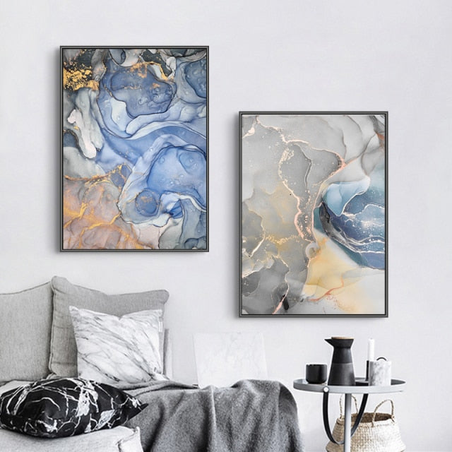 Abstract Golden Blue Line Fusion Wall Art Painting Prints