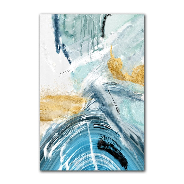 Modern Abstract Gold foil Lines Blue Canvas Art Print