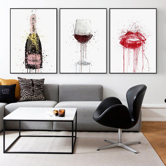 Red Wine Bottle and Lips Wall Art Modern Poster