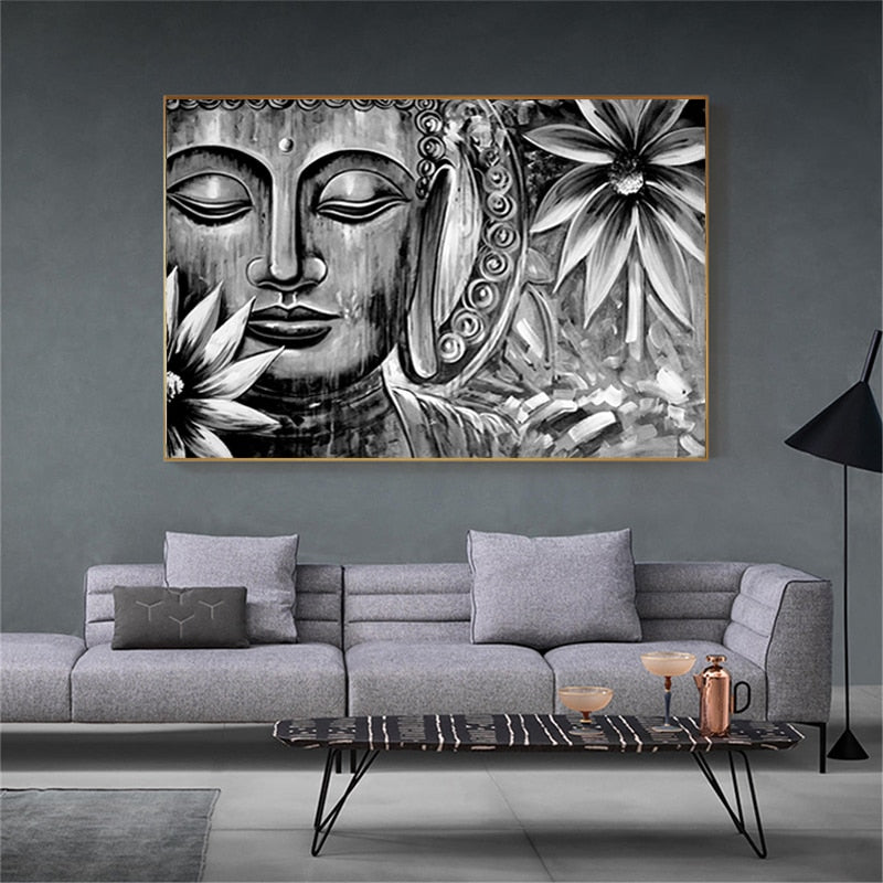 Gray Buddha Face Statue Canvas Paintings