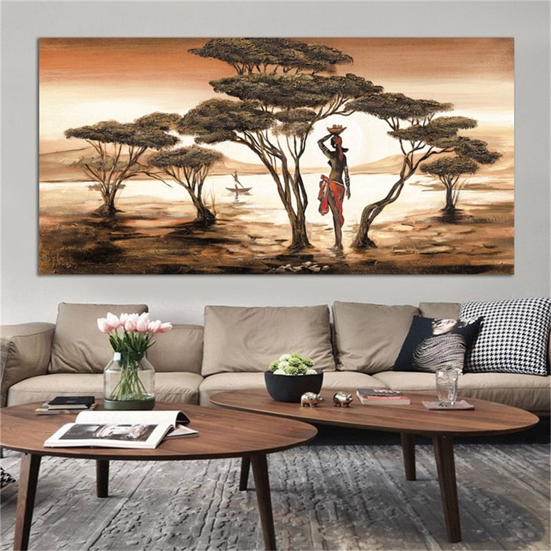 African Art Landscape and Woman Canvas Painting Print