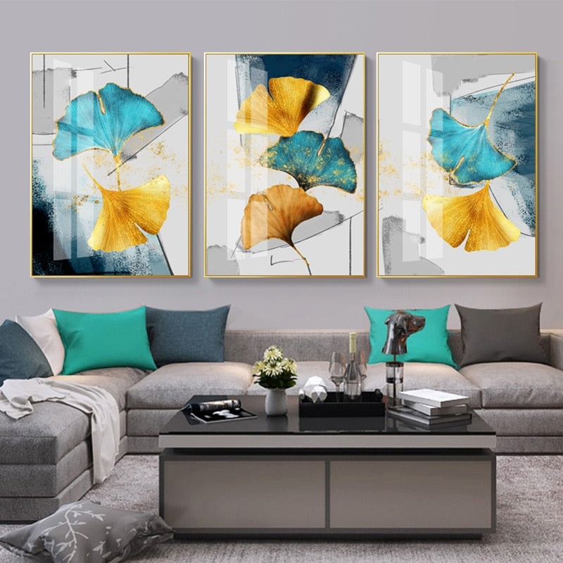 Blue Yellow Plant Leaves Abstract Wall Art