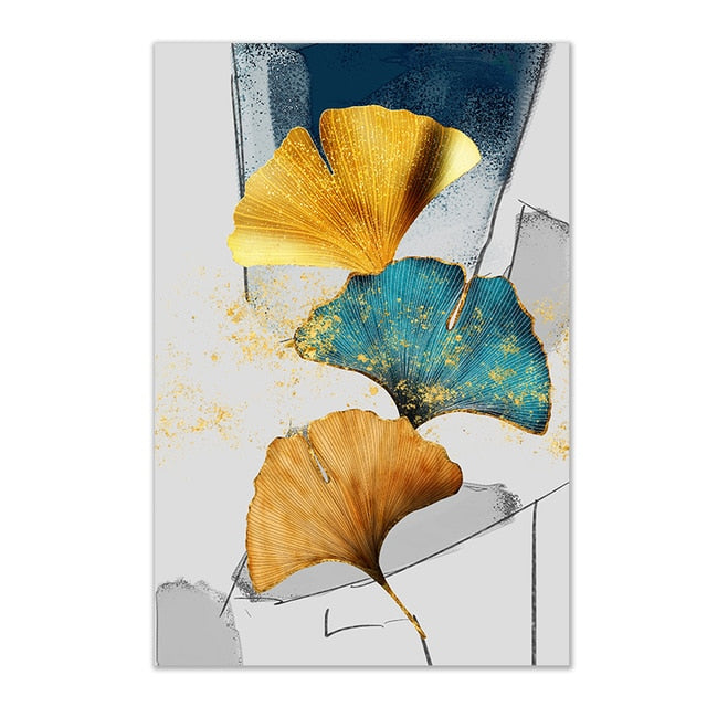 Blue Yellow Plant Leaves Abstract Wall Art