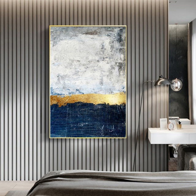 Blue and Golden Abstract Room Decoration Modern Painting Art