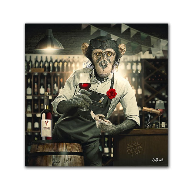 Funny Monkey Drinking Red Wine at the Bar