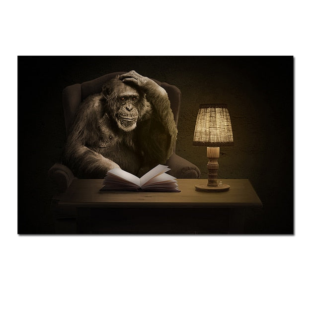 Funny Chimpanzee Read Books Canvas Painting Wall Art