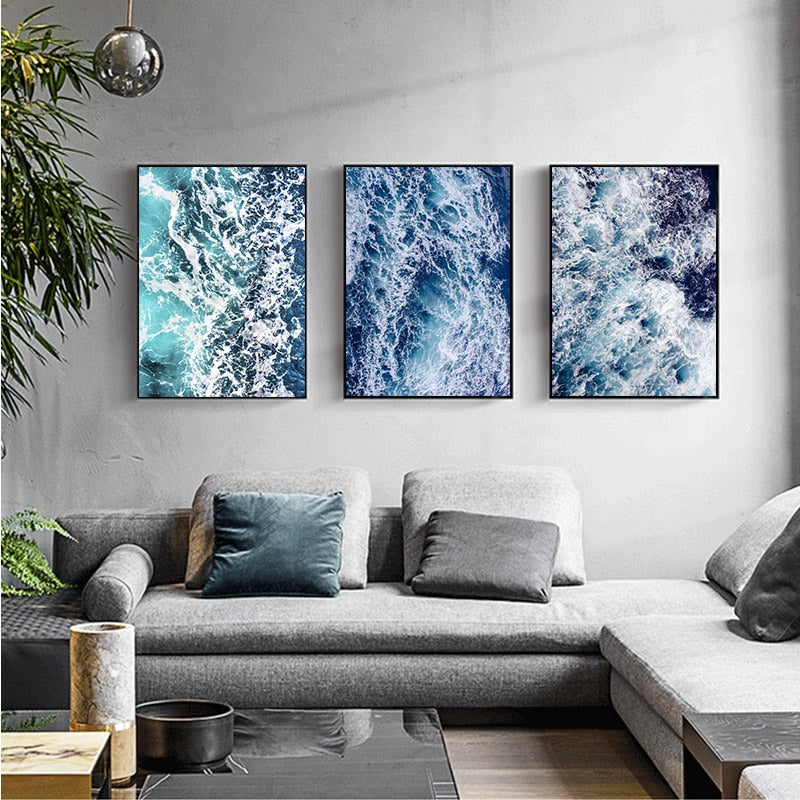 Modern Nordic Blue Waves Canvas Wall Art