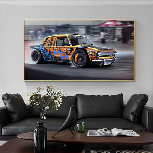 Vintage Graffiti Drifting Racing Car Canvas Art Painting