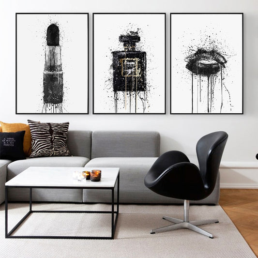 White & Black Perfume Bottle Lipstick Canvas Wall Art Poster